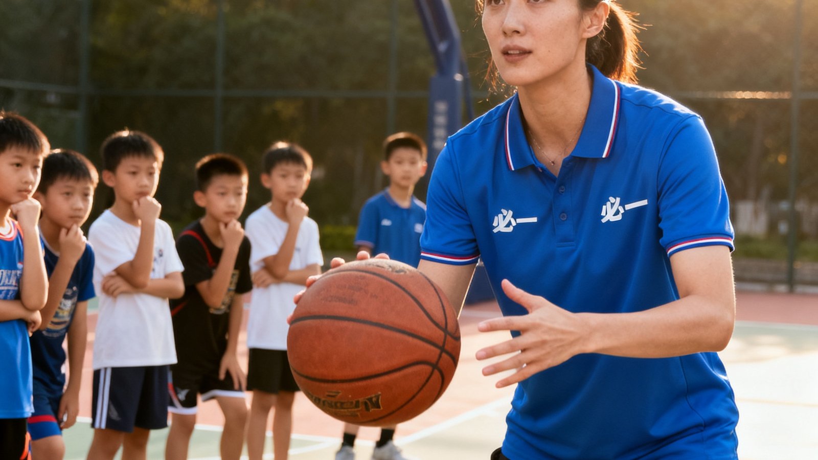 李雪晴教练在室外篮球场示范标准投篮姿势，她曾获得全国大学生篮球联赛MVP，身穿必一运动蓝色教练服，身后是一排认真观摩的小学员